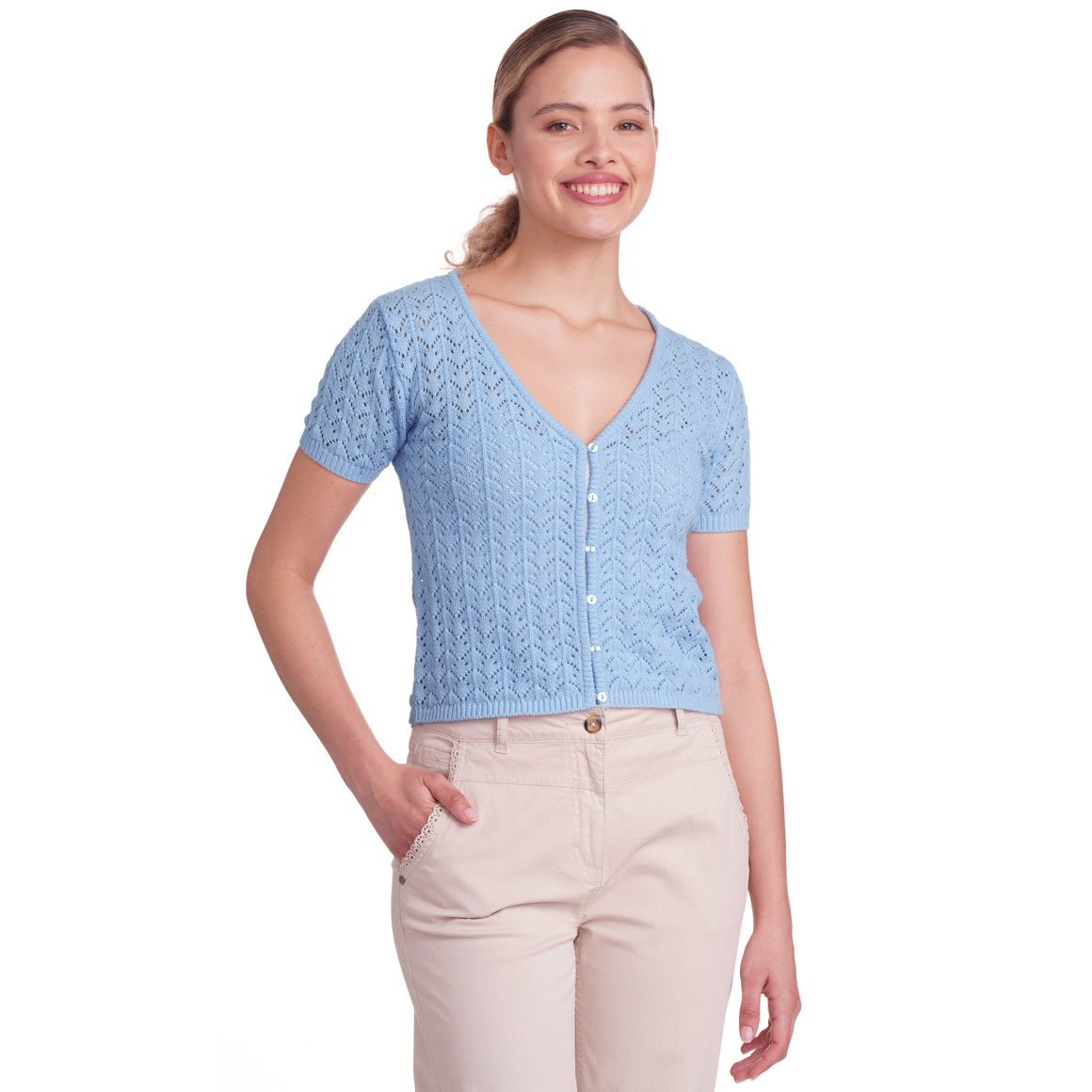 Gina Damen Strickjacke mit Ajour-Muster hellblau