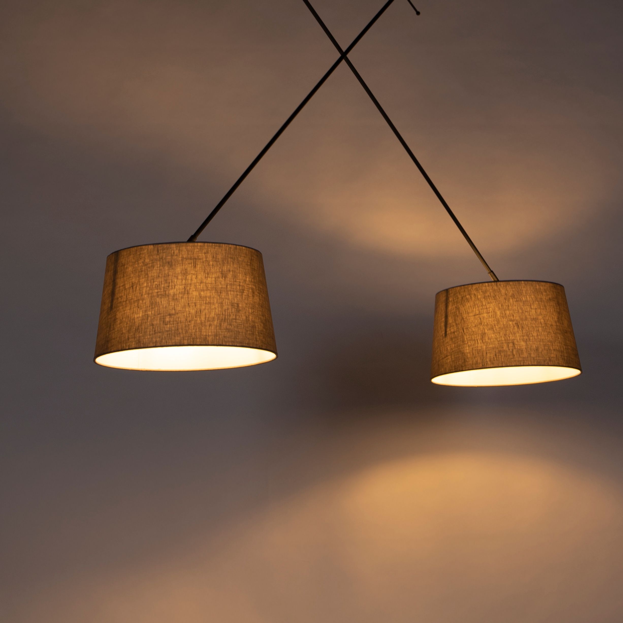 Hanglamp zwart met linnen kappen taupe 35 cm 2-lichts - Blitz