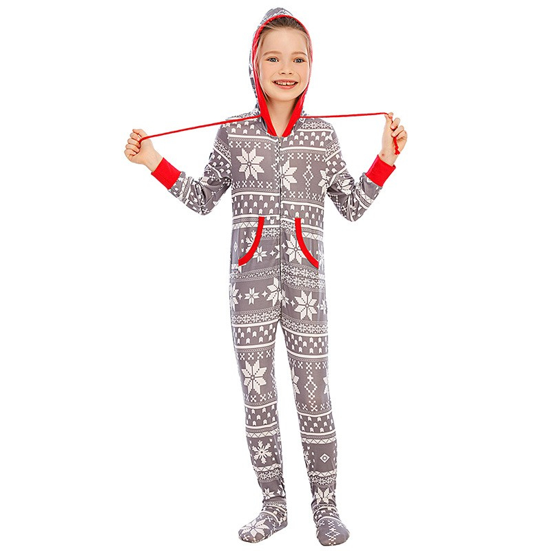 (13-14 Jahre) Kinder Christmas Pyjama Overall Winter Jumpsuit mit Kapuze - Grau / Weiss / Rot