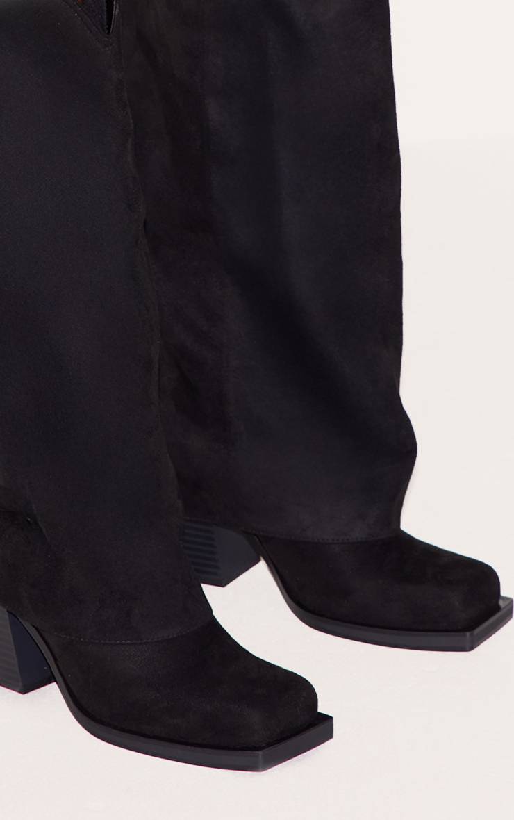 Noir Bottes Western Hautes Au-dessus Du Genou À Talon Bloc En Daim Bout Carré Avec Revers