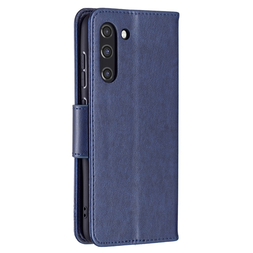 Samsung Galaxy S21 FE 5G Leder Tasche mit Kartenfach   Handschlaufe Schmetterling - Blau