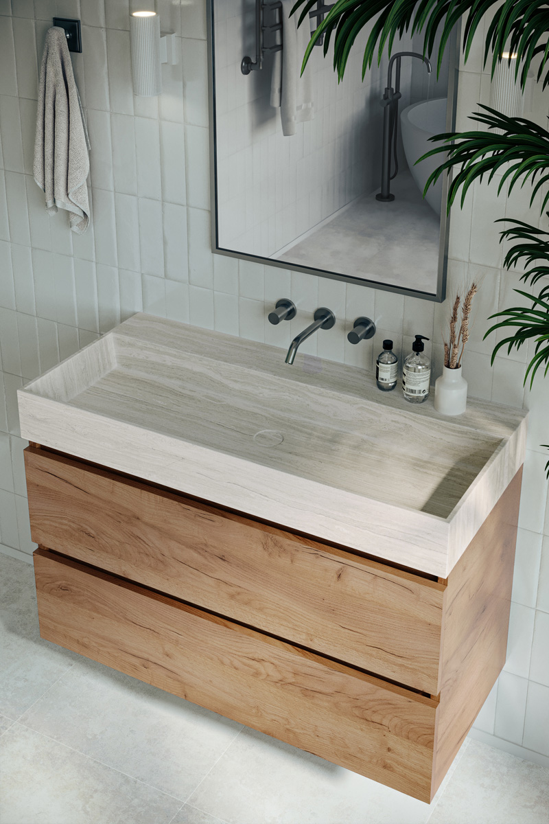 Fontana White Travertin badkamermeubel warm eiken 100cm zonder kraangat