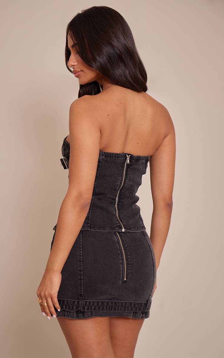Noir Délavé Corset Bustier Bandeau Long En Denim Petite Taille