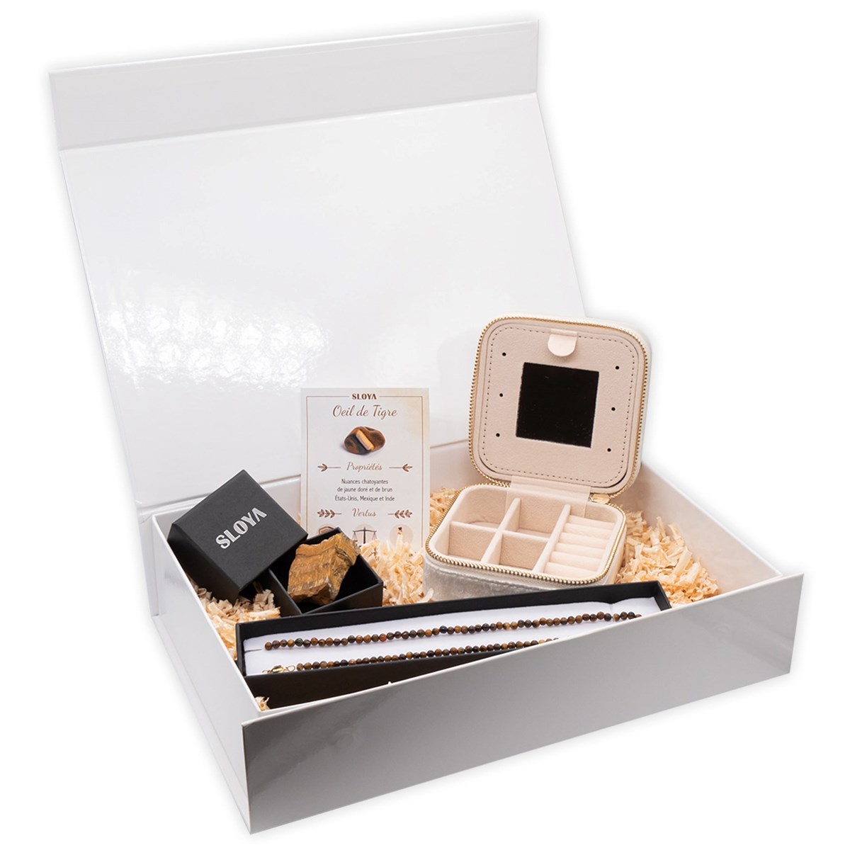 Coffret Oeil de Tigre - collier, pierre et boîte à bijoux