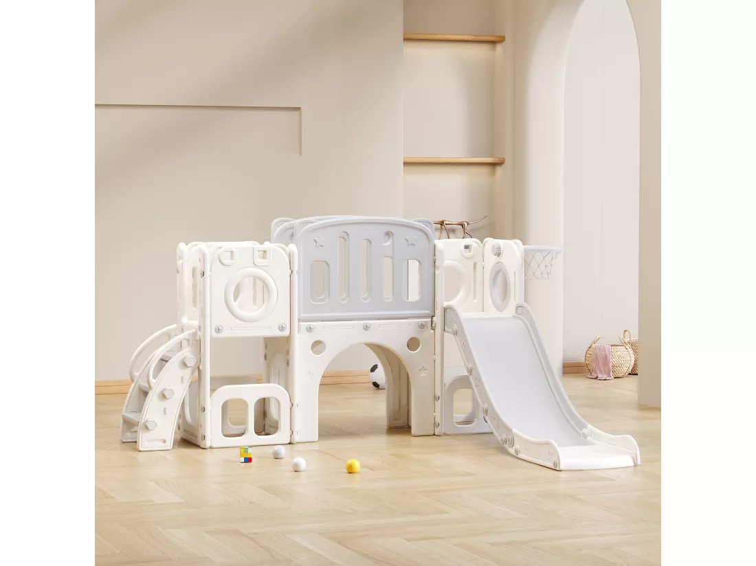 Toboggan 6 en 1 en PEHD pour enfant, avec plate-forme, escalier, 2 zondes de rangement, arcade, panier de basket, gris