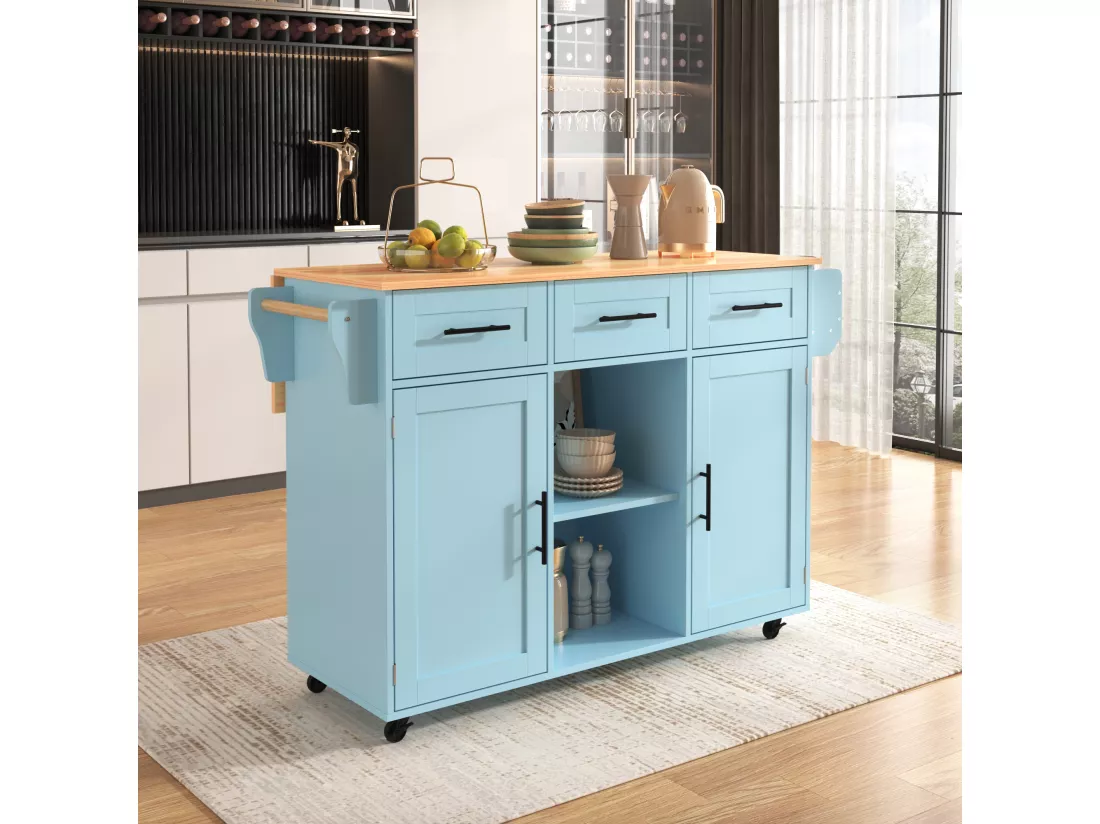 Ilot central de cuisine mobile avec 2 portes et 3 tiroirs - plateau extensible - 129x46/71x91,5 cm - Bois MDF + métal - Bleu + naturel