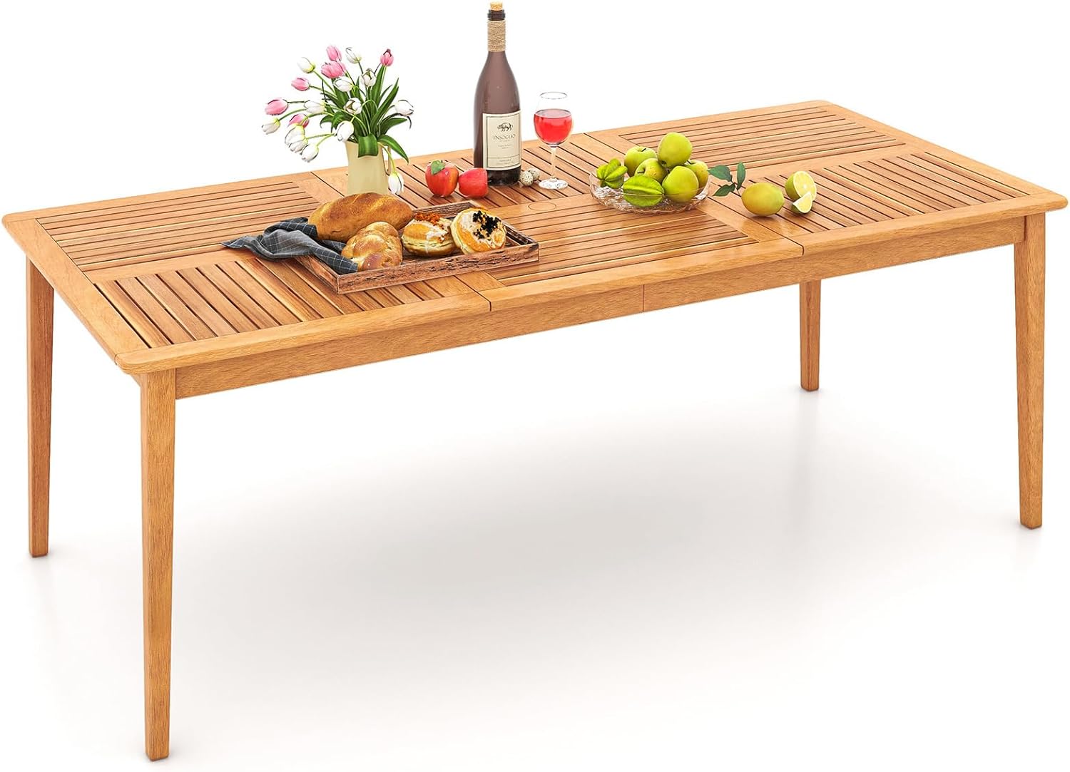 COSTWAY Gartentisch Akazienholz, 200x90cm, großer Terrassentisch für 8 Personen, rechteckiger Balkontisch mit Schirmloch, Holztisch, Outdoor-Esstisch für Balkon, Garten,