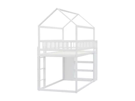 Lit enfant superposé 90 * 200 cm, avec casiers et étagères, lit bas avec échelle, blanc