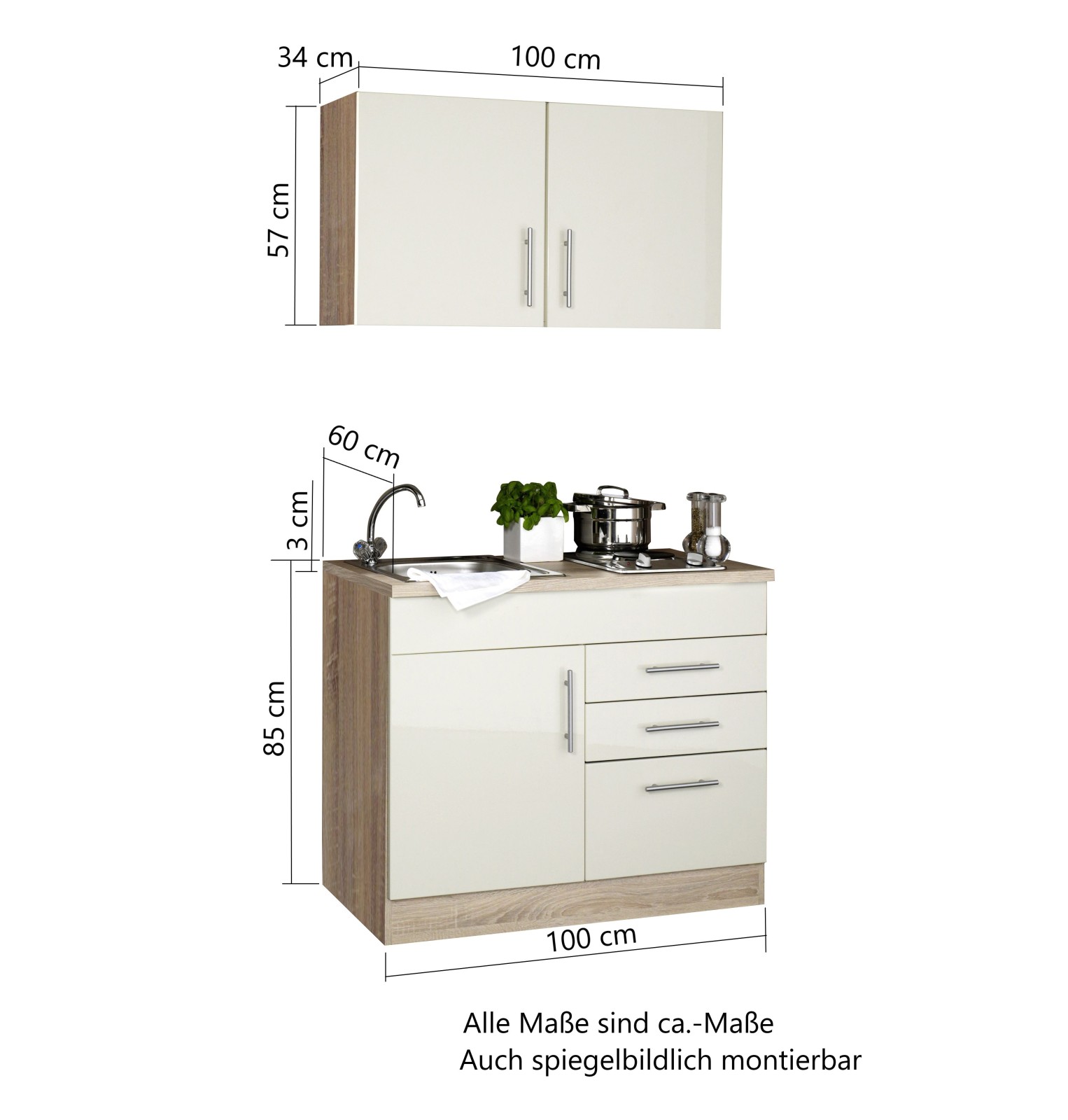 Single-Küche TORONTO - Buche - mit Kochfeld - 100 cm