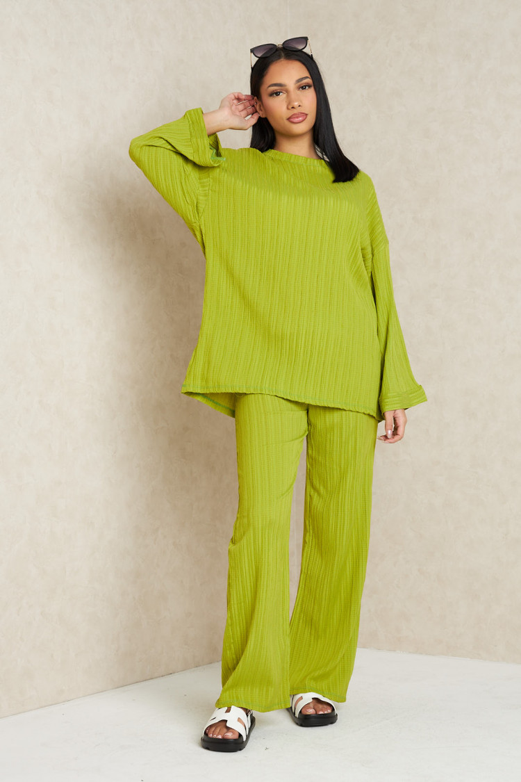 Ensemble 2 pièces pull fin + pantalon à rayures vert