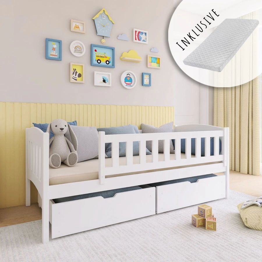 Kids Collective Kinderbett Einzelbett 90x200 mit zwei Schubladen, Rausfallschutz weiß mit Matratze