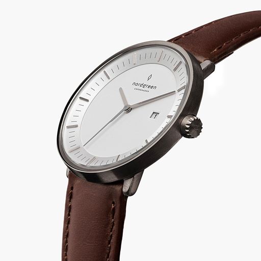 Nordgreen Philosopher PH40GMLEDBXX Herreur,  Gun metal/Mørkebrunt læder, 40 mm