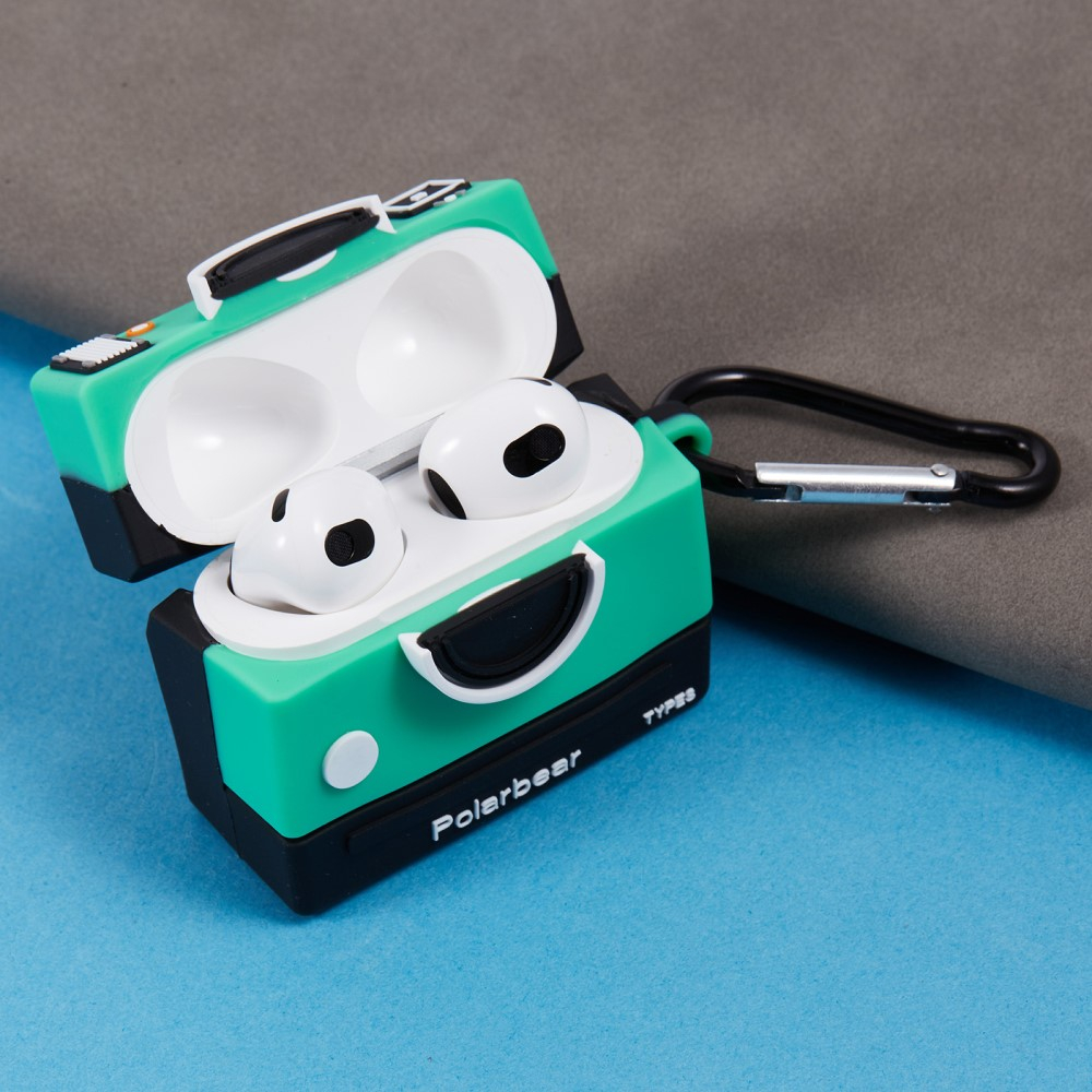 AirPods (3. Generation) Silikon Schutzhülle Abdeckung mit Karabinerhaken Retro Kamera - Grün