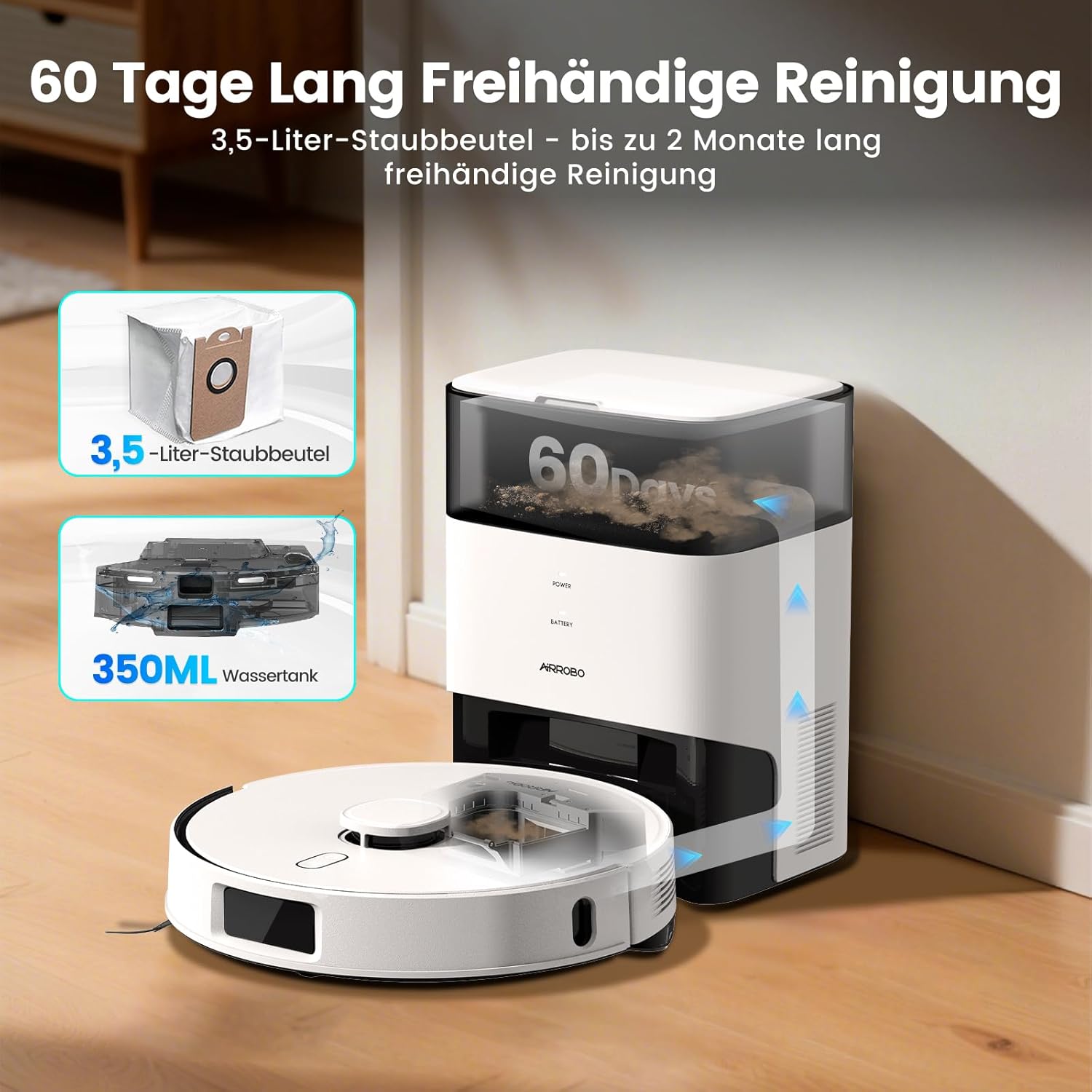 AIRROBO Saugroboter mit Wischfunktion, Staubsauger Roboter mit Absaugstation 3.5L, 12000Pa Saugkraft, Reaktive 3D Hindernisvermeidung, 240Min Laufzeit, T30 Roboterstaubsauger für Tierhaare und Teppich
