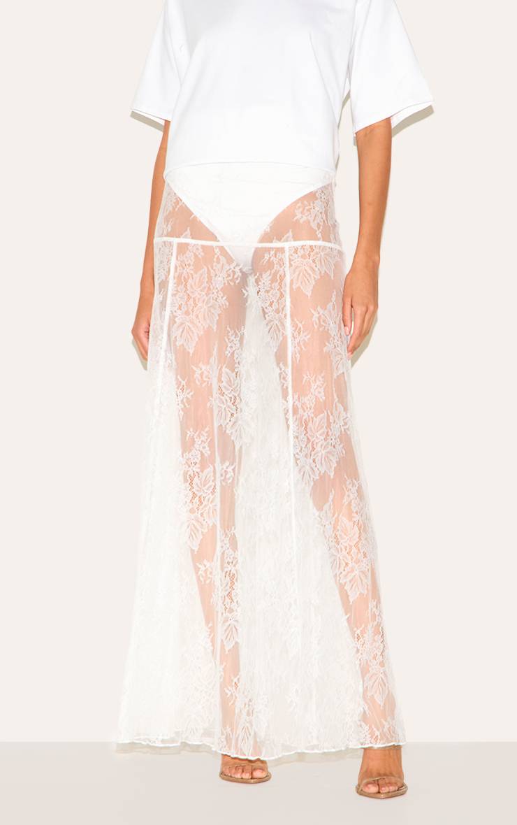 Blanc Jupe Longue Transparente En Dentelle Florale Avec Short Intégré
