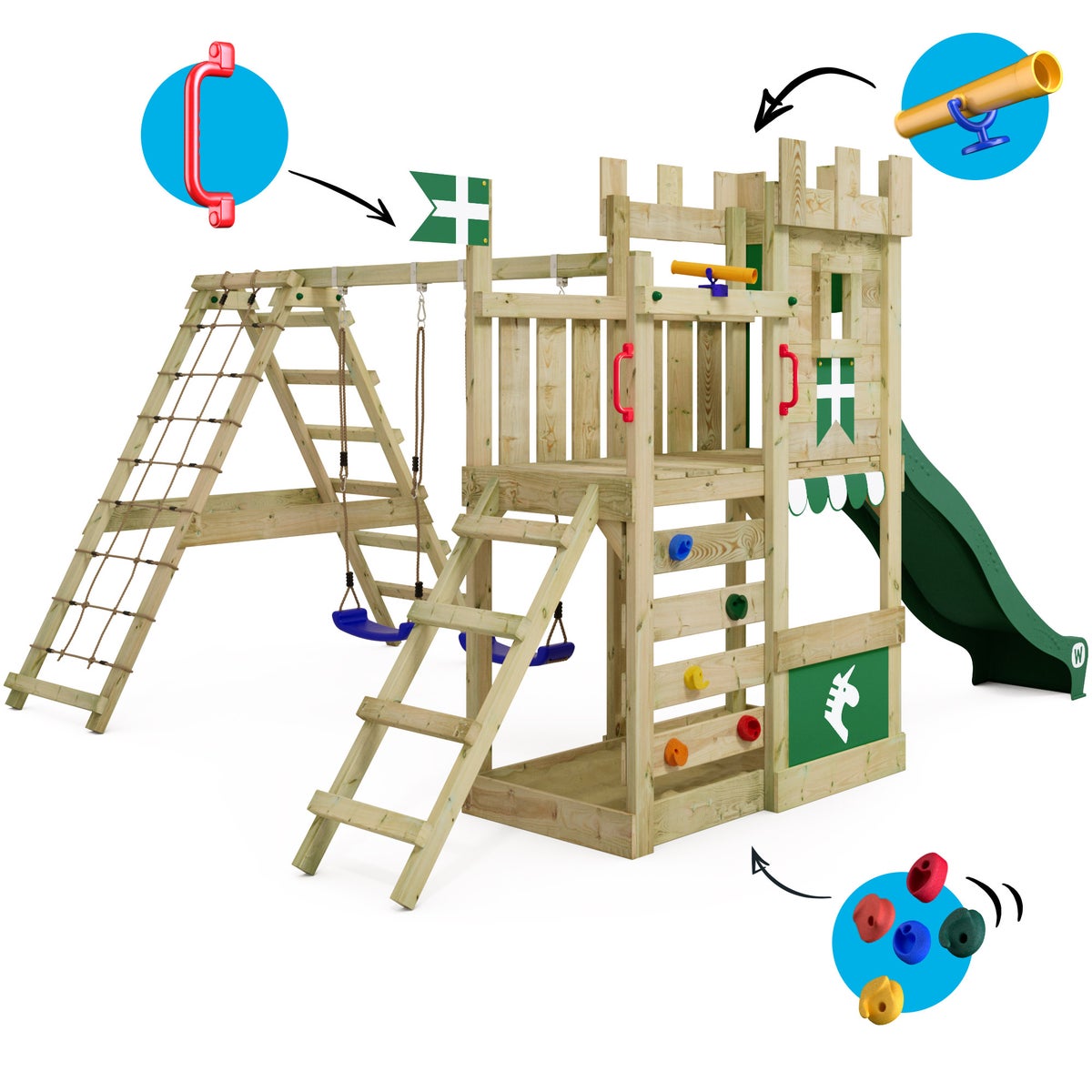 WICKEY DragonFlyer Castle Speeltoren met Schommel en Glijbaan, Speelhuis met Zandbak, Klimladder en Speelaccessoires - Groen