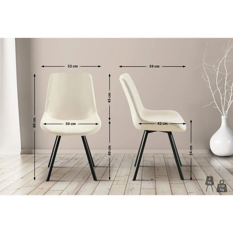 CLP Set van 2 Eetkamerstoel Lewes zwart Frame - Fluweel - creme