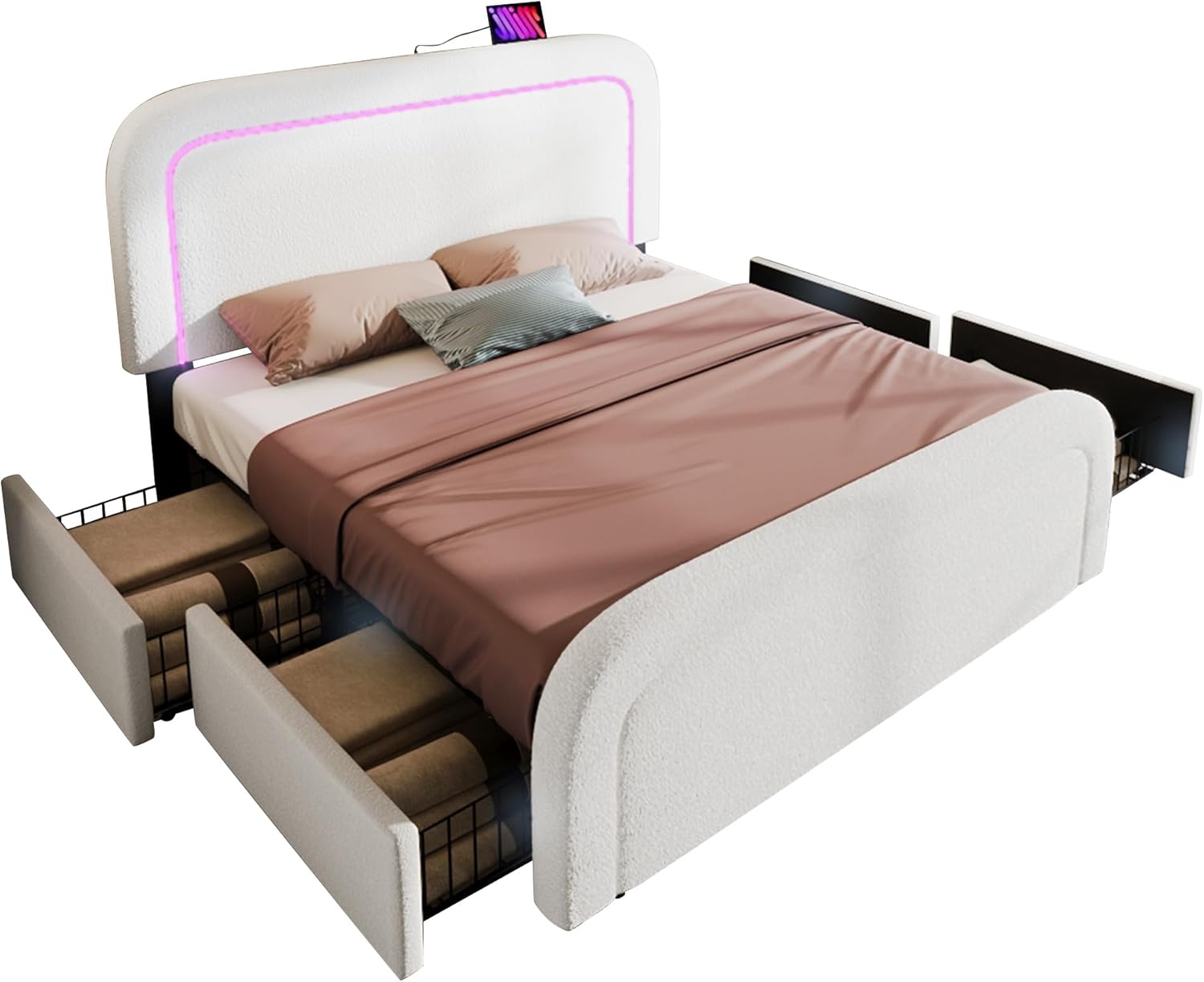 Merax Polsterbett 140x200cm mit 4 Schubladen, Aufladen USB, LED-Beleuchtung, Doppelbett Bettgestell mit Lattenrost & Verstellbares Kopfteil, Jugendbett mit Fußteil, Metallrahmen, ohne Matratze, Weiß