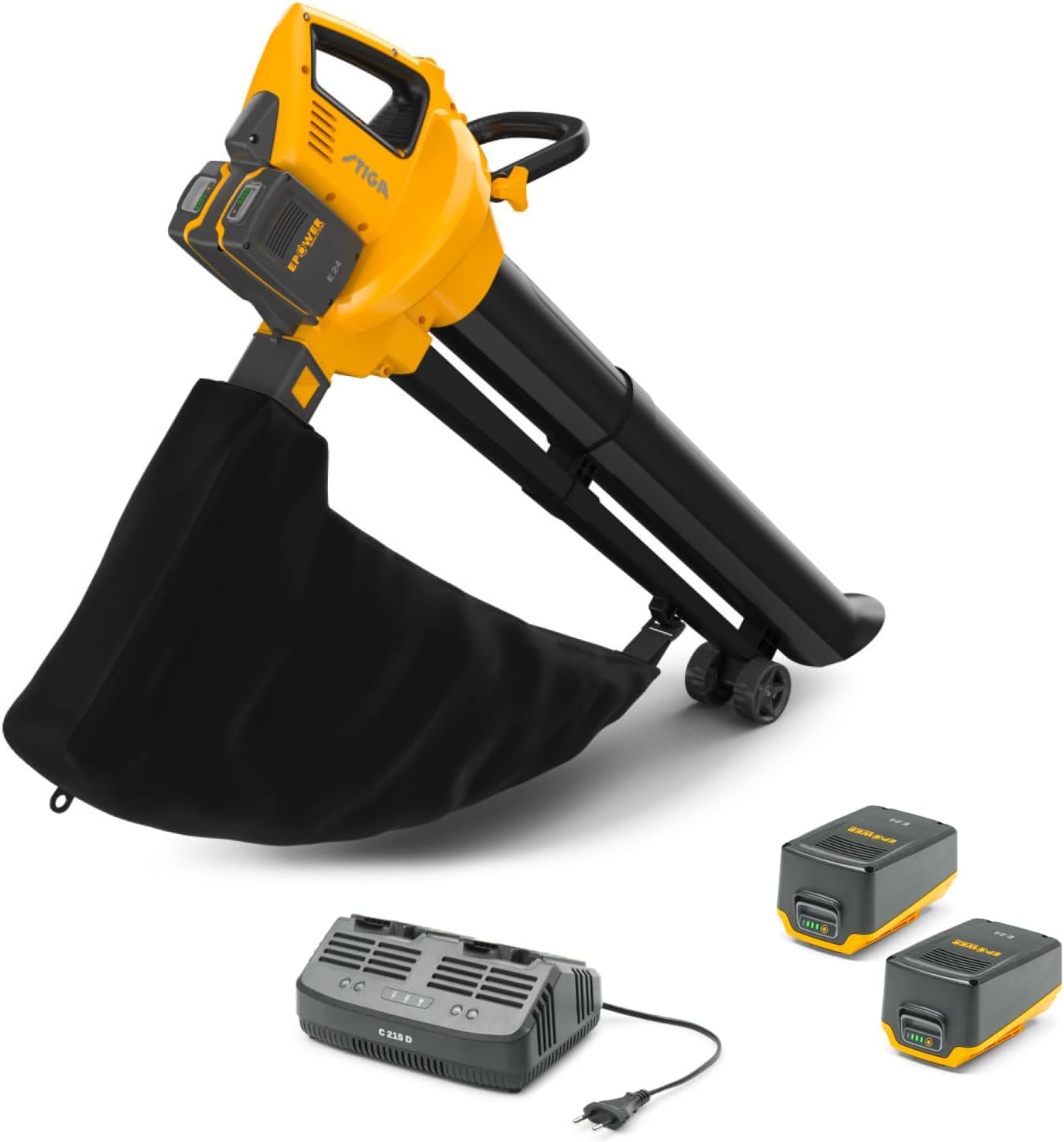 STIGA VS 100e Kit Schnurloser Staubsauger-Häcksler-Gebläse, 2 x 20V Akkus inklusive, 45L Fangsack, 3-in-1 Gerät für Laub und Schutt, Ladegerät inklusive