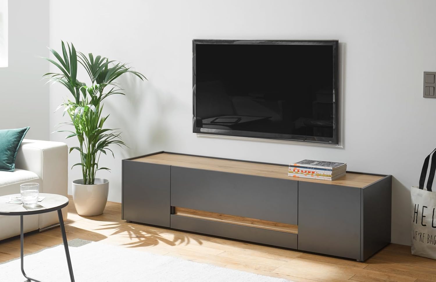 TV Unterteil Lowboard in Eiche Wotan Holz und grau matt Wohnzimmer Fernseher Schrank Mediaschrank TV-Board 170 x 40 cm Center (TV-Lowboard 2)