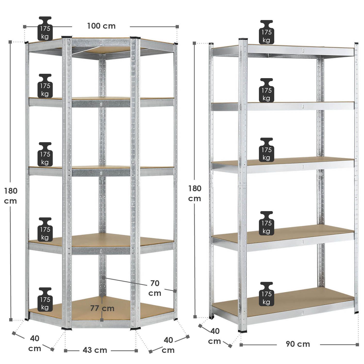 Juskys 3er Metall Regalsystem | 1 Eckregal & 2 Lagerregale | 15 Böden aus MDF Holz | 2625 kg