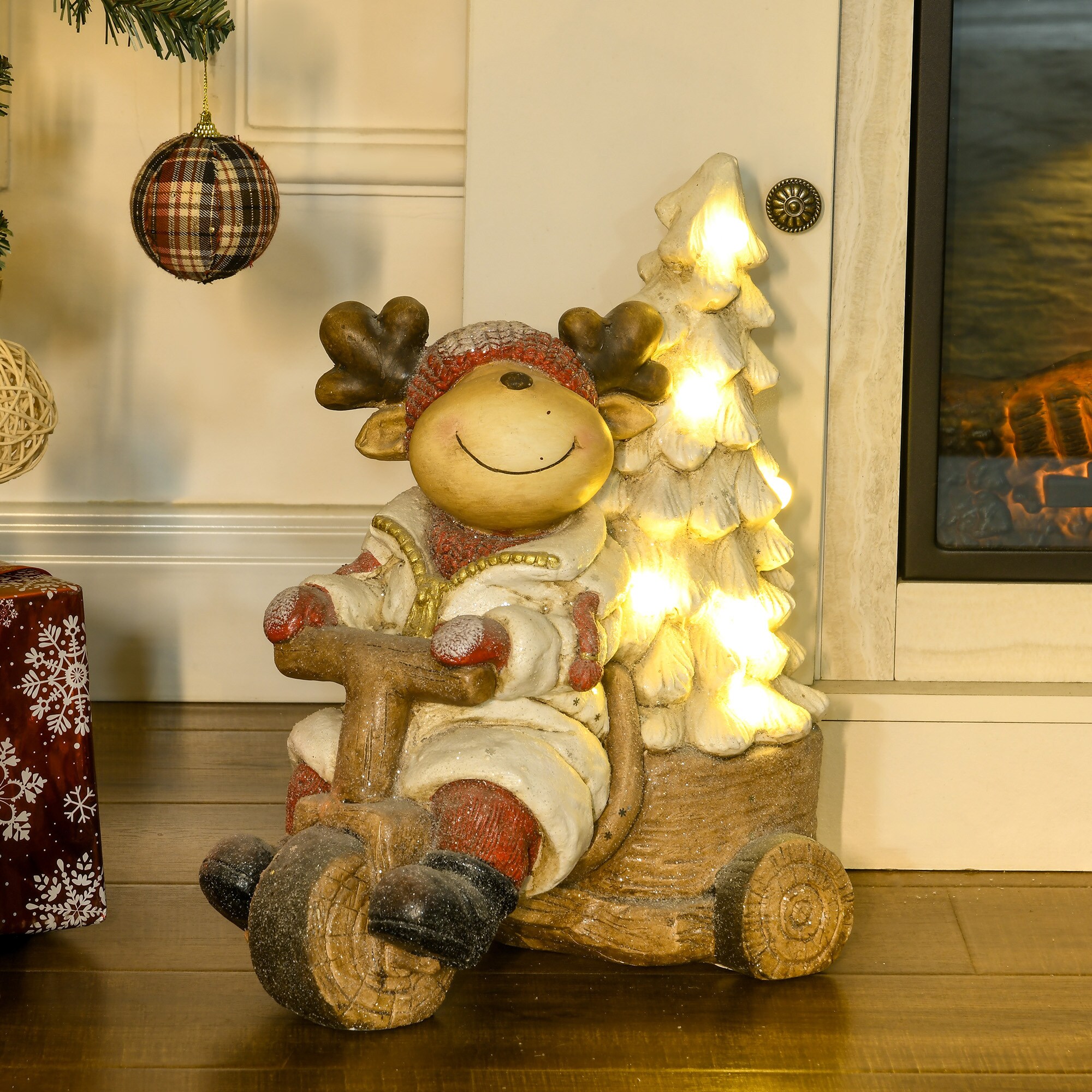 HOMCOM Weihnachtsfigur Rentier auf Dreirad mit LED-Licht bunt 36L x 21B x 44H cm