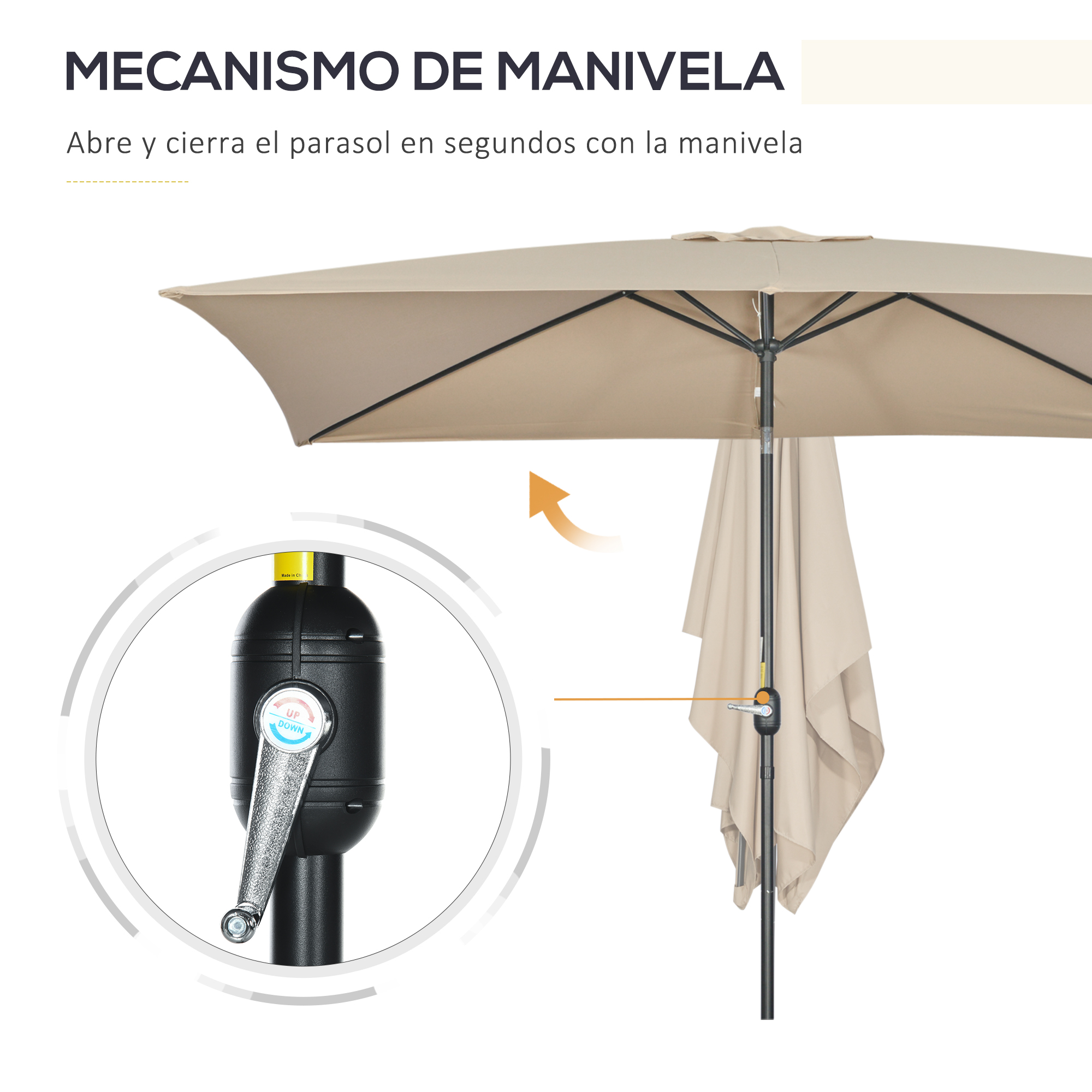 Guarda-sol retangular de alumínio Outsunny, 200x300x240 cm, com manivela e mastro removível, ideal para terraços, piscinas, pátios e áreas externas, na cor cáqui.