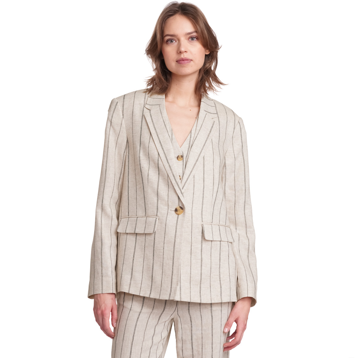 Gina Collection Damen Leinen-Blazer mit Streifenmuster creme