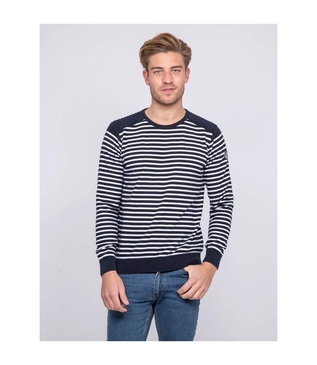 Pull fin col rond rayé coton ADILO