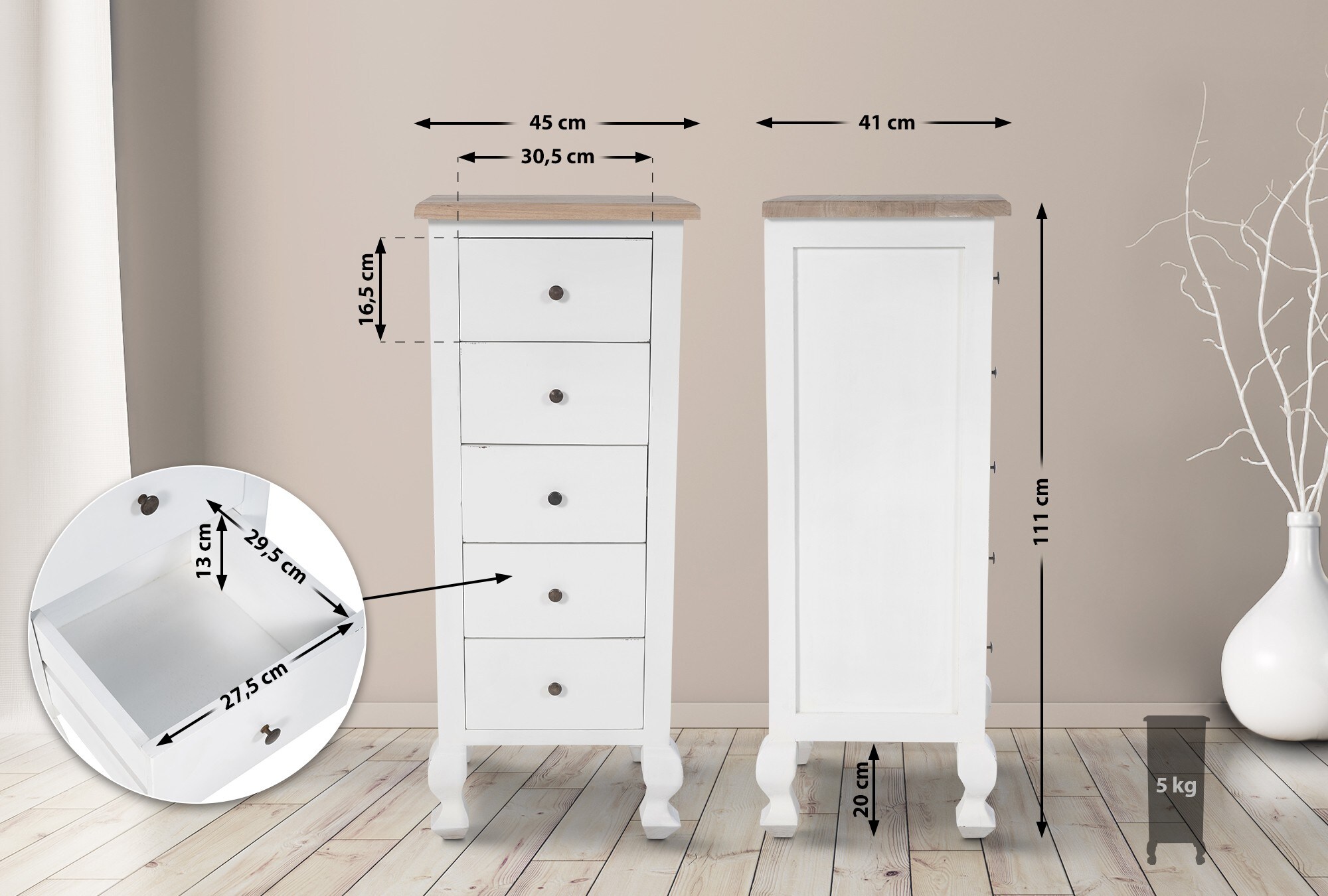 CLP Kommode Kora I Anrichte Aus Holz I Regal Mit Schubladen I Freistehend Für Flur Und Wohnzimmer I Weiß Im Shabby Chic Design