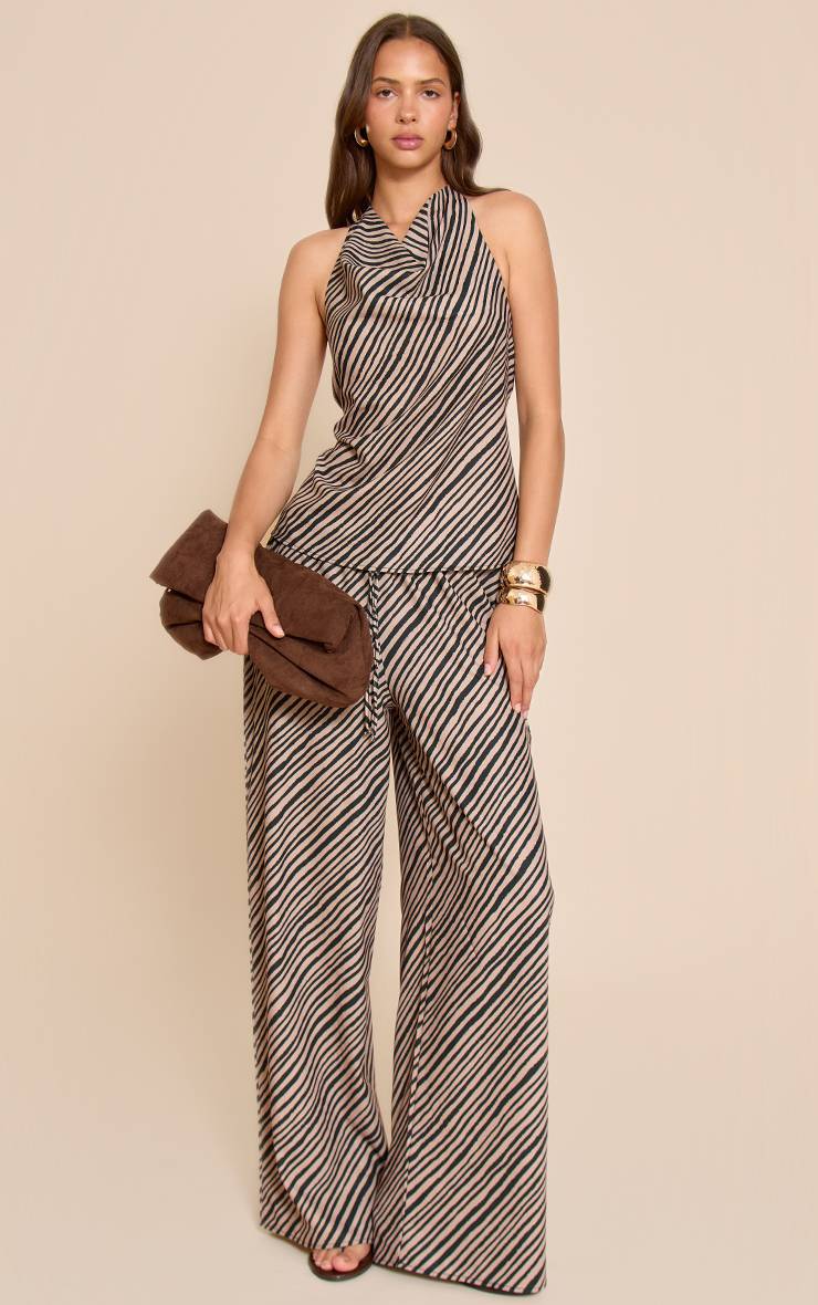 Light Brown Pantalon Large Fluide Tissé À Rayures