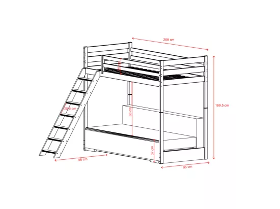 LIT MEZZANINE ET CANAPE SAFINO 90 x 200 / 140 x 200 Pin - gris