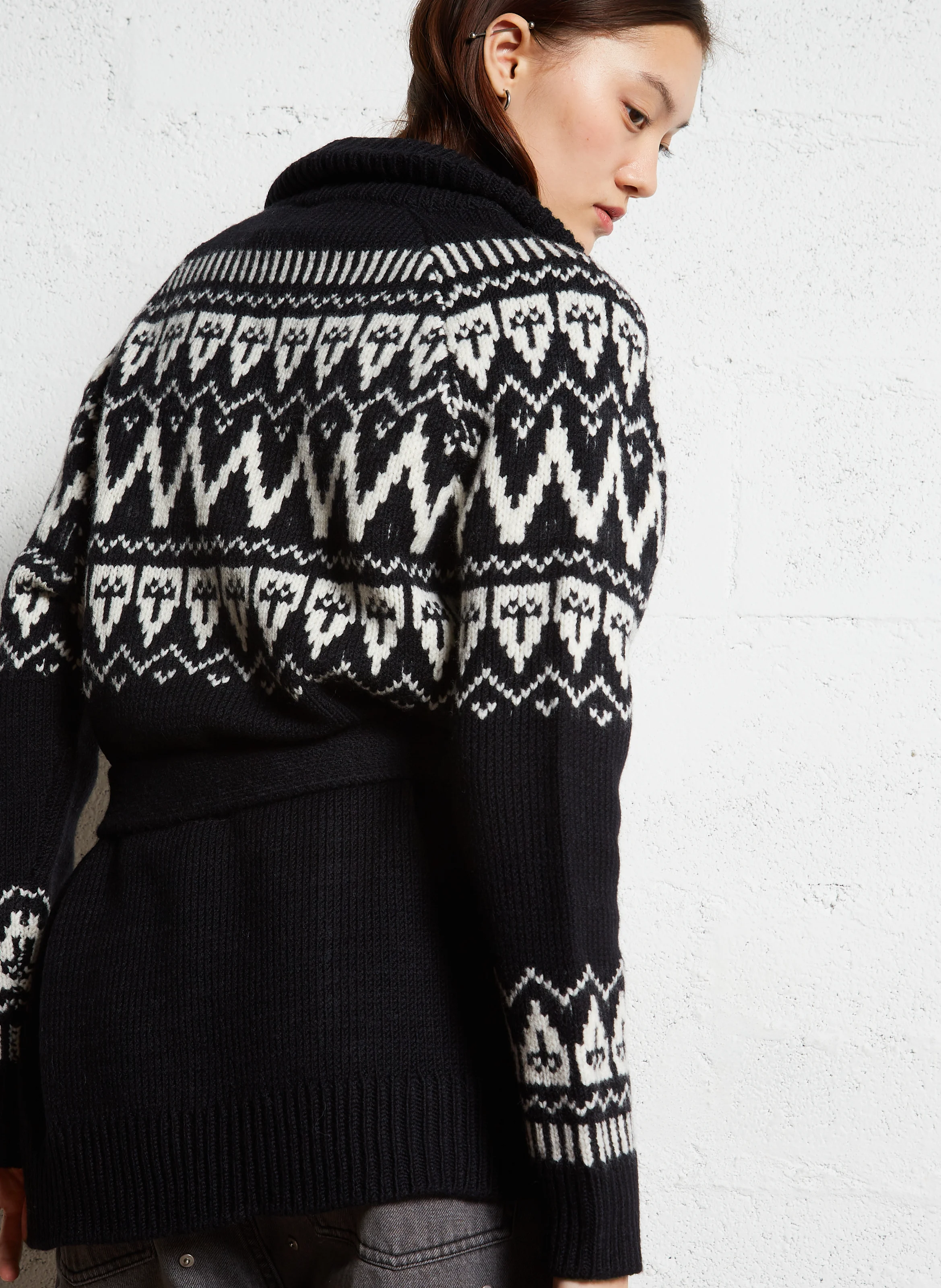 GALBAN - Cardigan ceinturé jacquard en laine mérinos | Noir