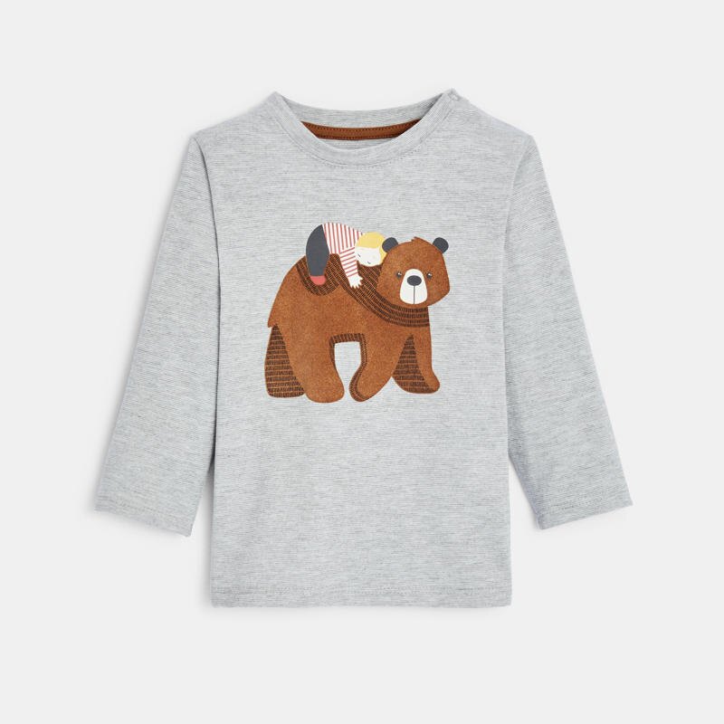 T-shirt fines rayures ours gris bébé garçon Gris ou noir