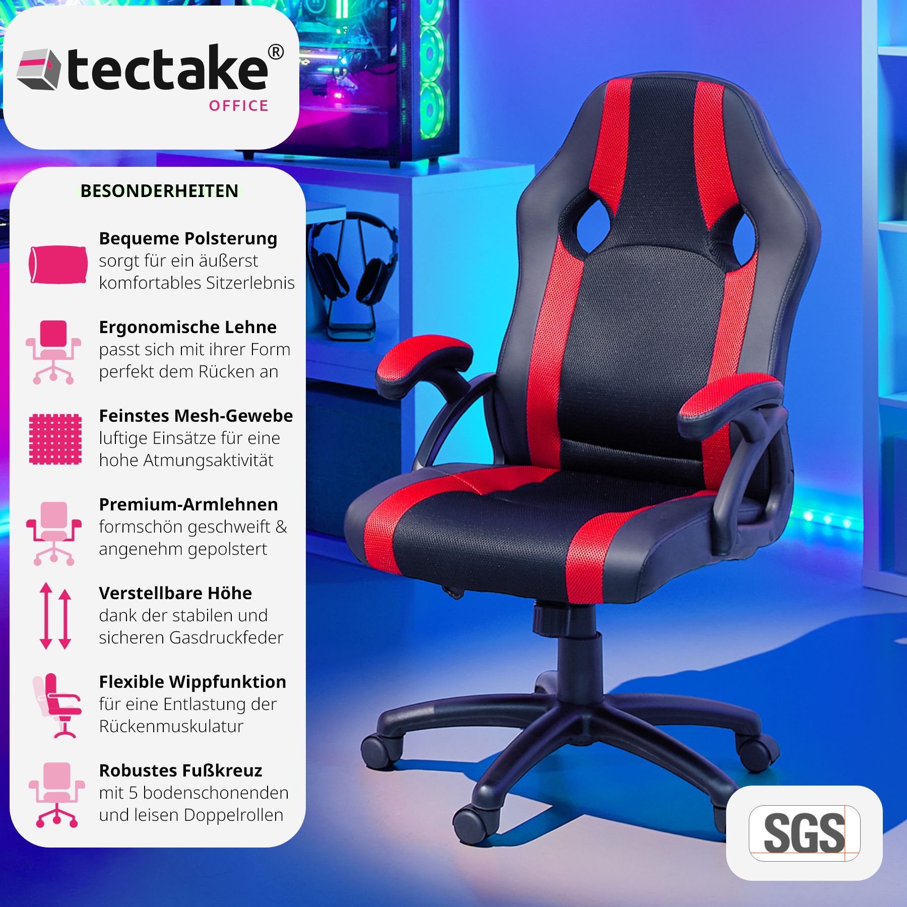 tectake® Bürostuhl, ergonomische Form, Kunstlederbezug mit Mesh-Gewebe, Belastbarkeit 120 kg