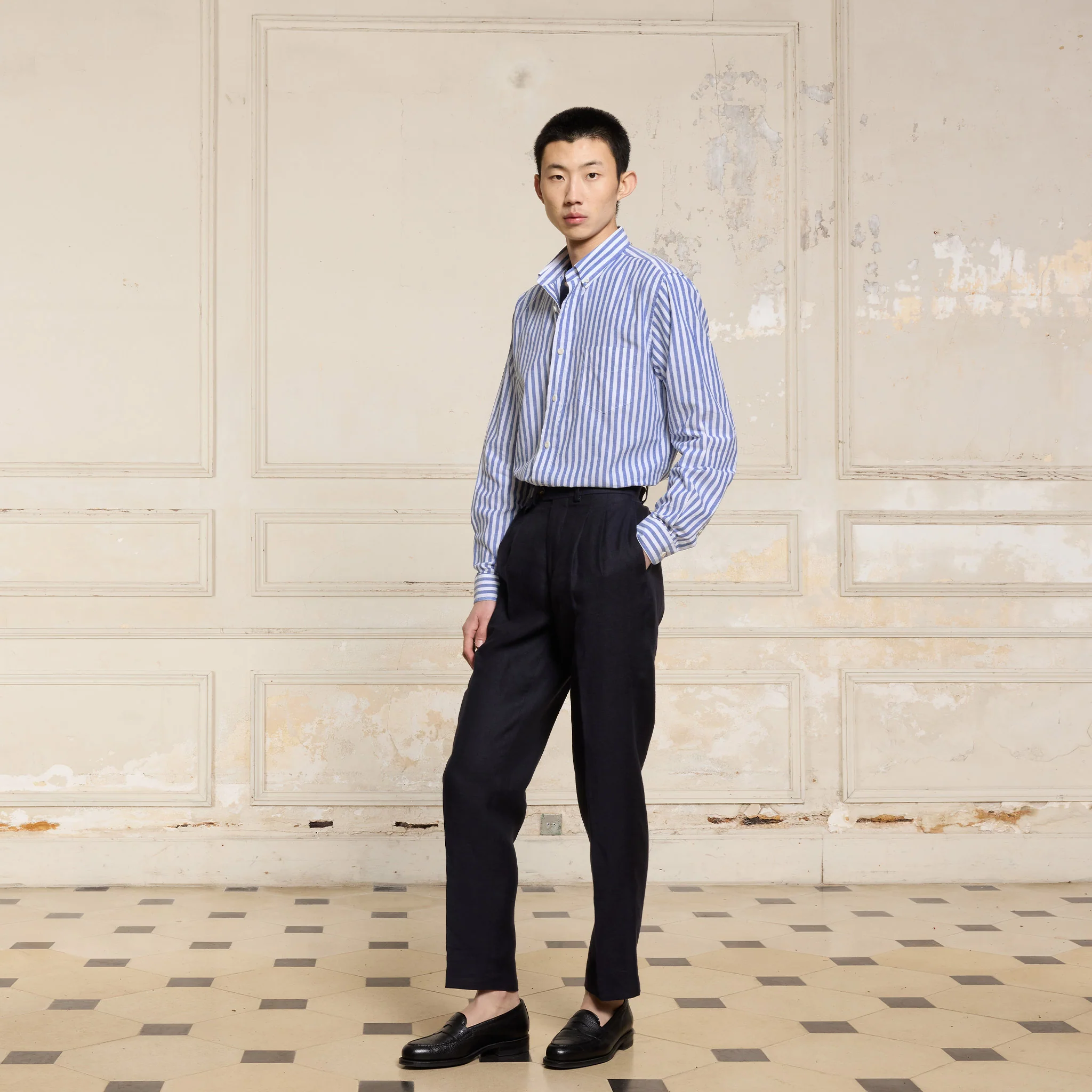Blue and white striped cotton and linen shirt