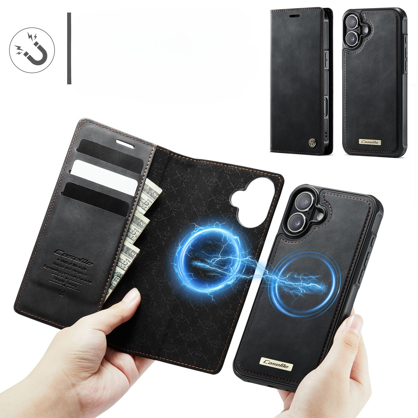 iPhone 16 2in1 MagSafe Leder Tasche   Magnet Hardcase Karten Etui (RFID Schutz) - Schwarz