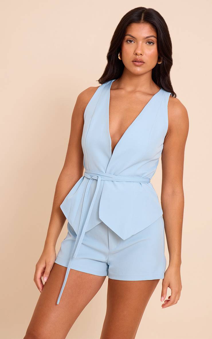 Bleu Combi-short Gilet En Tissu Tissé Avec Ceinture À Nouer À La Taille