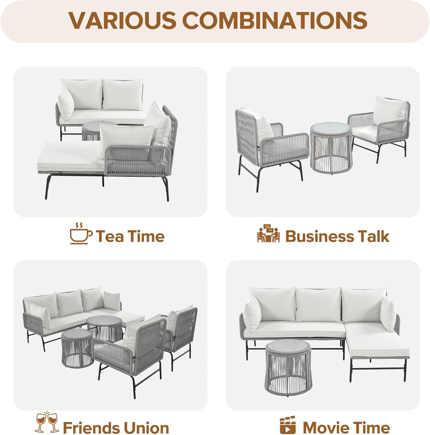 Gartenmöbel Lounge Set 6-TLG für 6 Personen, Lounge Möbel Outdoor mit 2 Sofa, 2 Tisch und 2 Stühle mit Sitzkissen, Eisen Gestell und Gewebtem Seil Gartengarnitur Sitzgruppe Outdoor, Grau