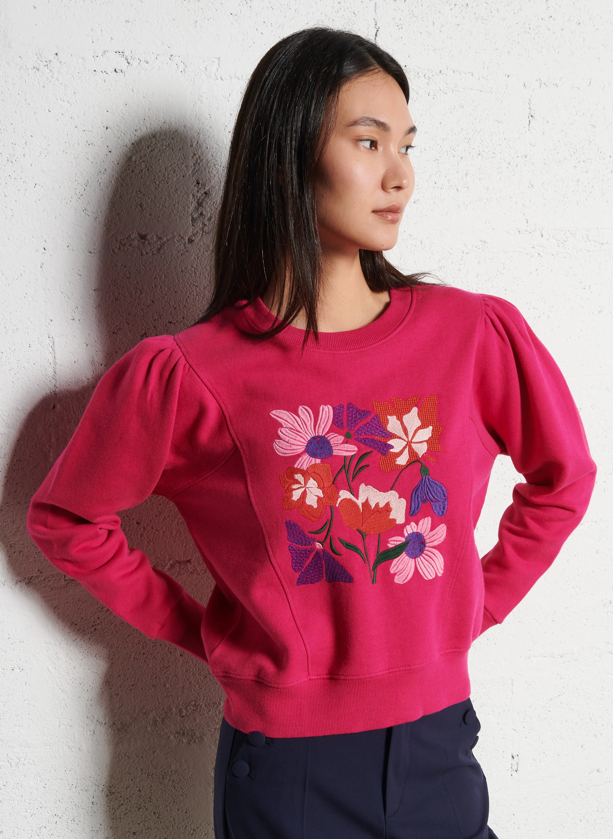 Sweat col rond droit en coton mélangé | Rose