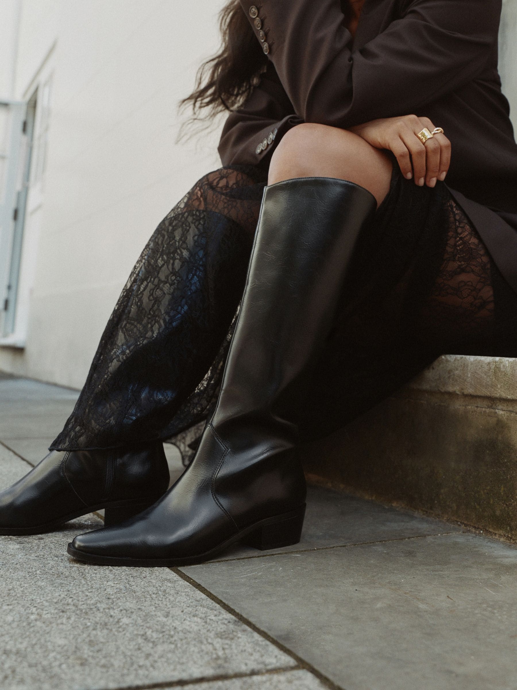 Black Crinkle Texture - Forever Comfort® Chisel Toe Knee High Boots