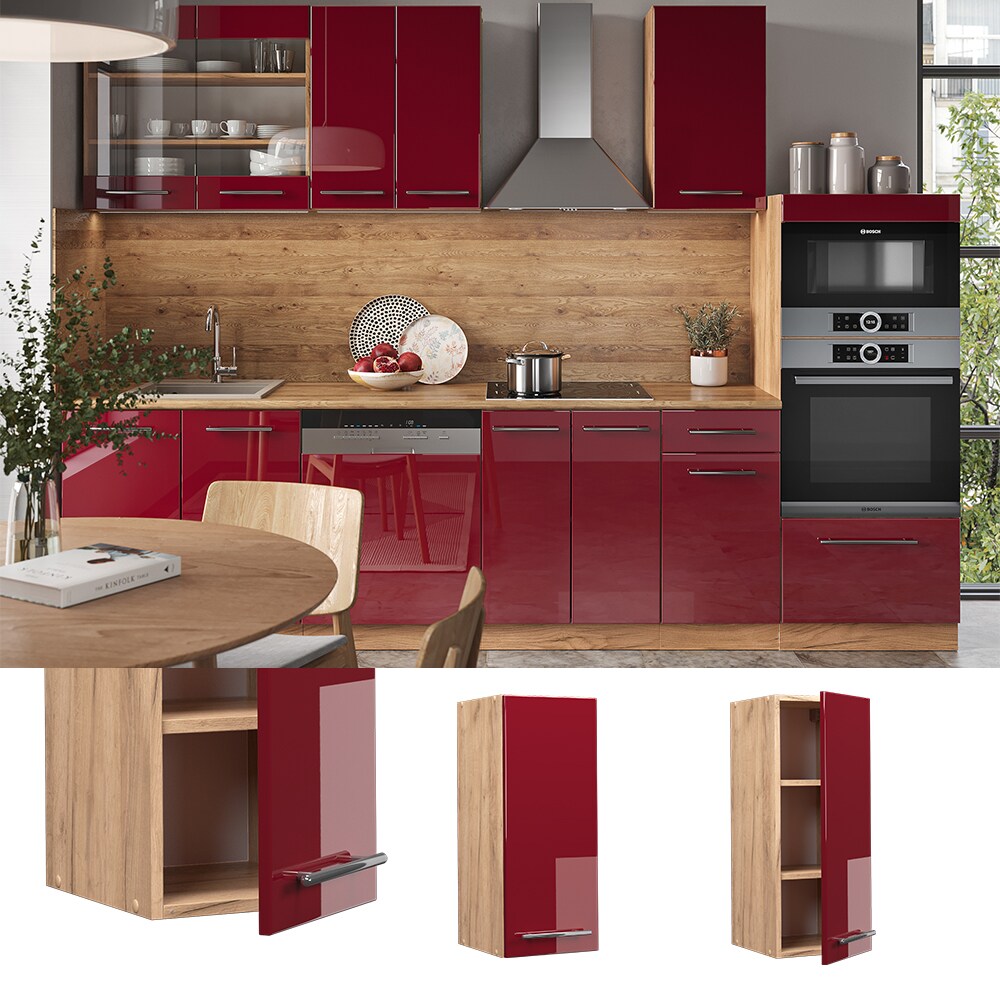 Vicco Hängeschrank Küchenschrank Küchenmöbel Fame-Line Eiche Rot Bordeaux modern 30 cm Küche Einbauküche Hängeschrank Drehtür Einlegeboden Küchenzeile Hochglanz