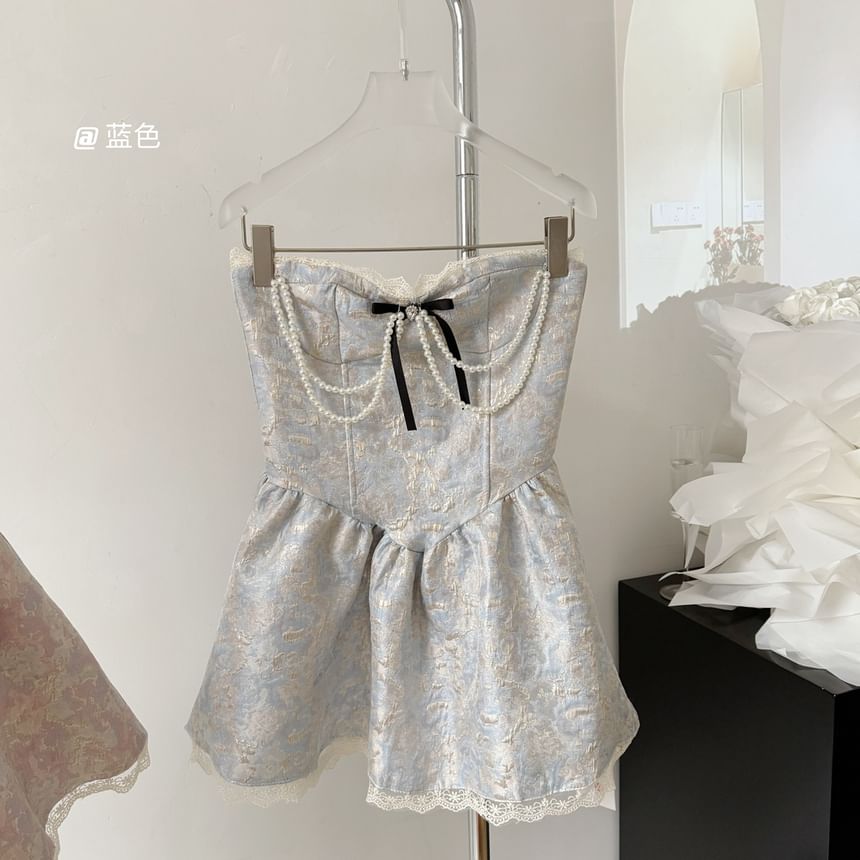 Dute - Strapless Jacquard Strik Faux Pearl Mini A-lijn Corsetjurk