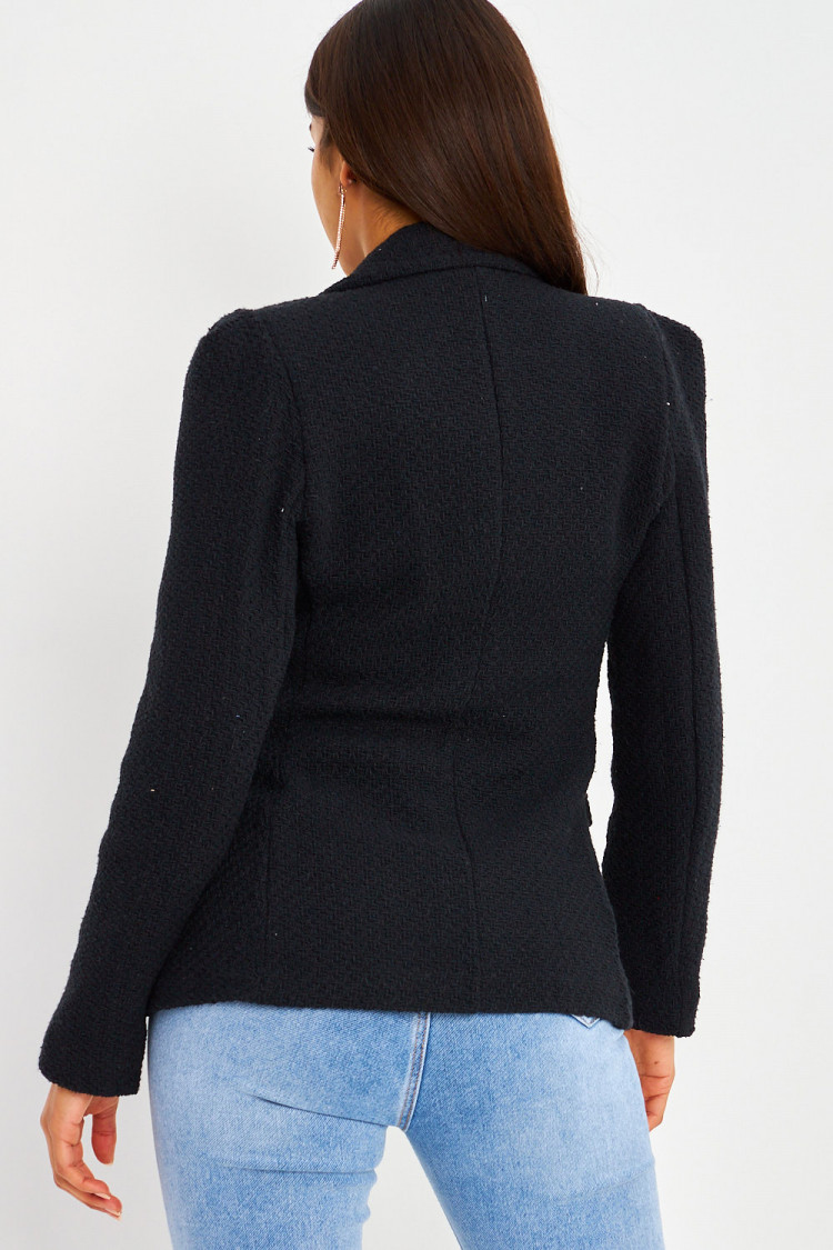 Blazer noir aspect tweed boutons perles
