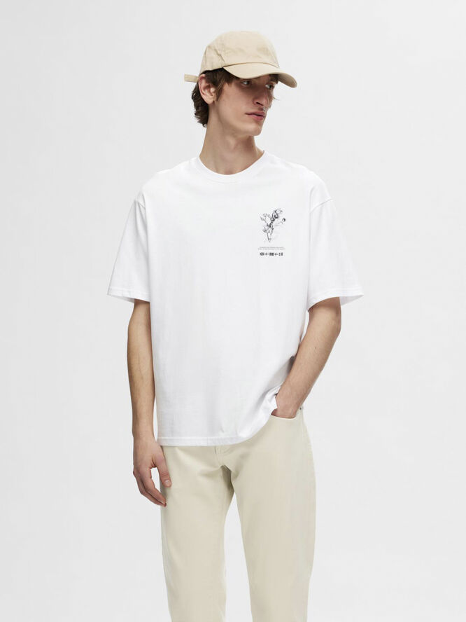 Selected Homme SLHLOOSEALP PRINT SS O-NECK TEE Hvid