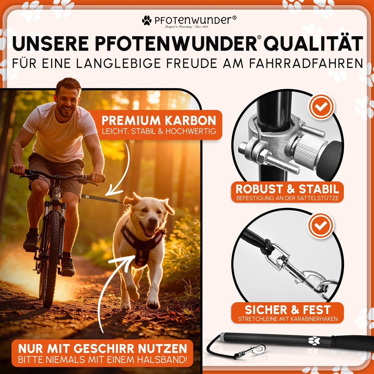 PfotenWunder® Freihandleine Fahrrad für Hunde + 1 elastische Leine & 1 Trainingsbuch, extra dicke 6mm-Leine | Abstandhalter Fahrradhalter aus hochwertige Karbonfasern mit Stoßdämpfern