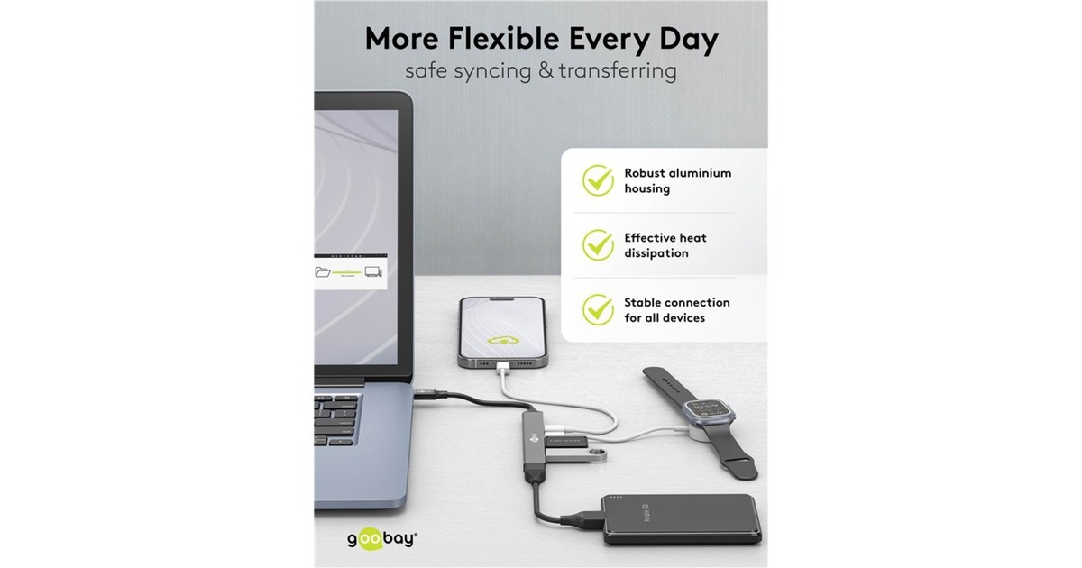 goobaySlanke USB-hub met 5 poorten, USB-C naar USB-C/USB-A, 5 Gbit/s  (Lichtgrijs)