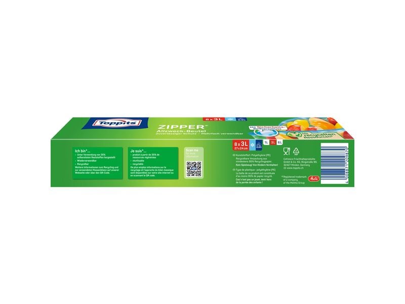 Toppits Frischhaltebeutel Zipper 24 cm x 27 cm, 8 Stück Beutel zur Lebensmittel-Aufbewahrung, 8 Stück