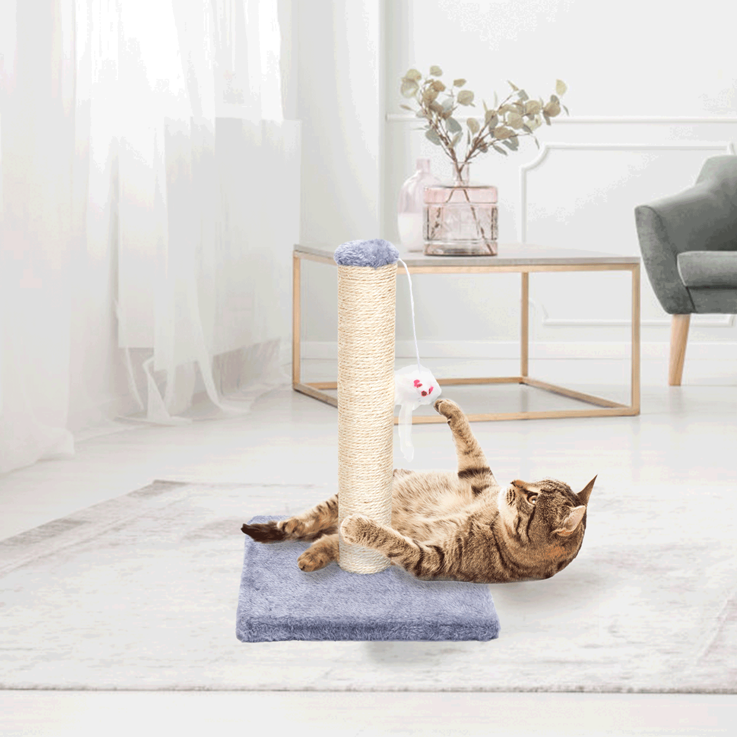 Arranhador de sisal para gatos Nobleza com brinquedo, pequeno, cinza. Dimensões: 25 x 25 x 35 cm