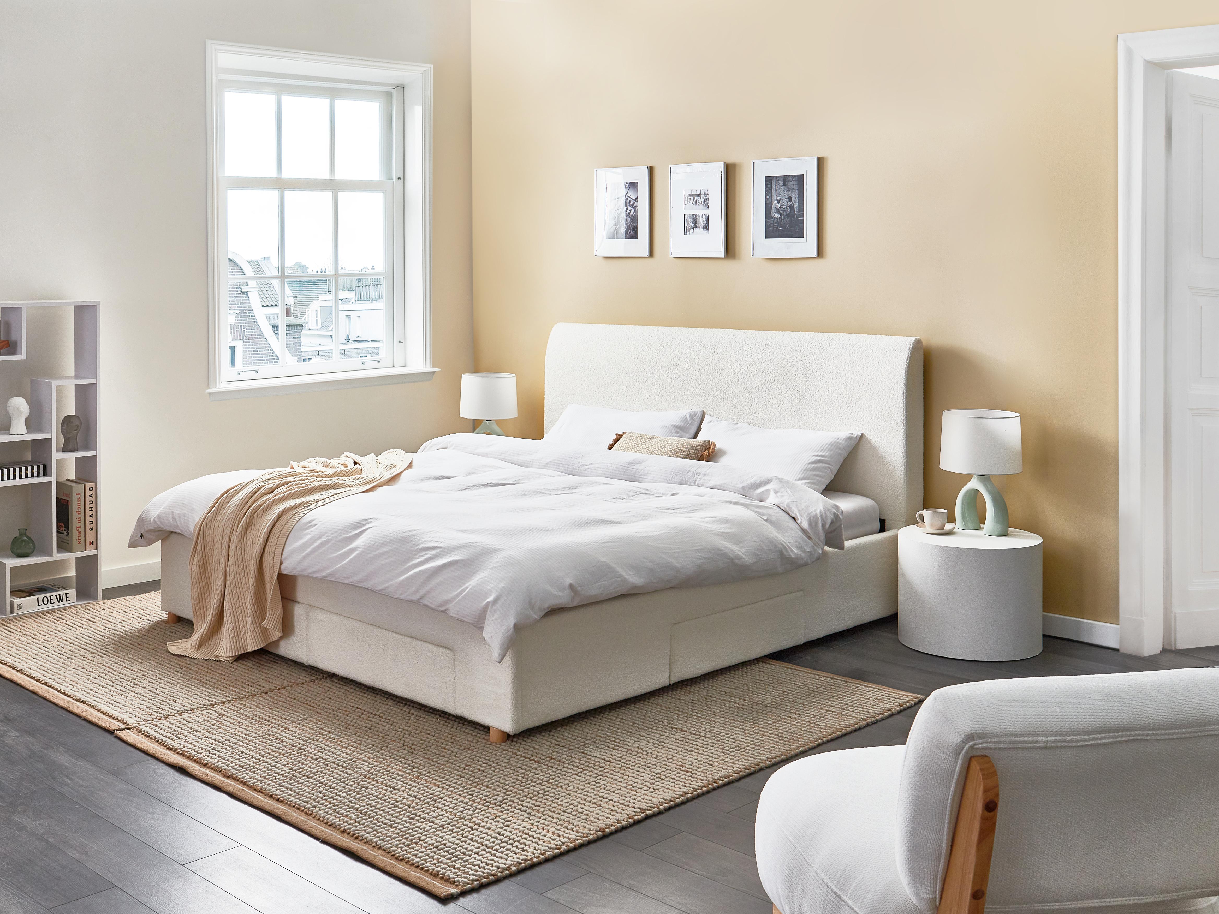 Bed met opbergladen Bouclé SOUTRIN 180 x 200 cm Gebroken wit